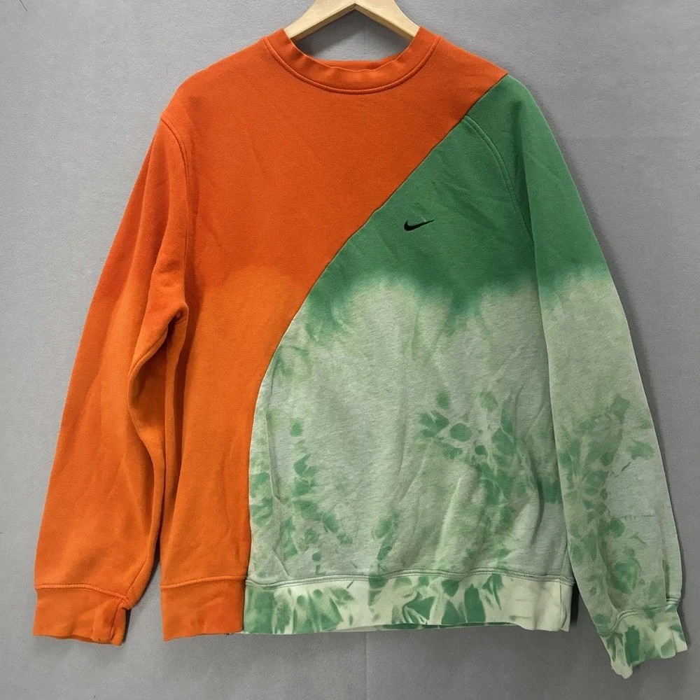 Vintage Nike Tie Dye Crewneck Pullover Sweatshirt Large Color Block Green Orange